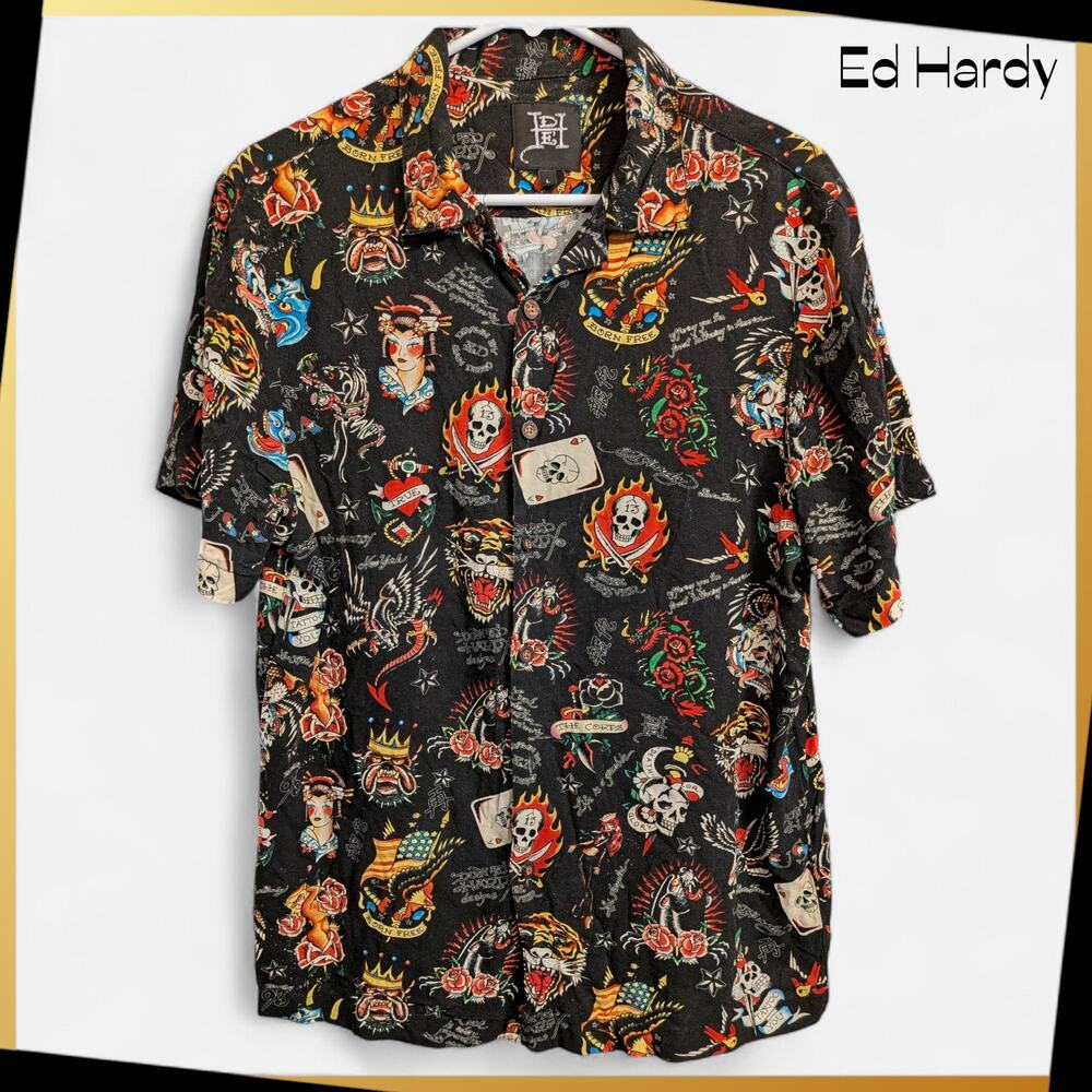ED HARDY Flashboard Camp Short Sleeve Shirt Black All Over Tattoo Print 
Men L